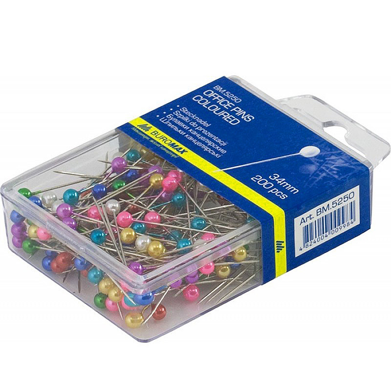 Шпильки канцелярські Buromax кольорові в пластиковому контейнері 34 мм 200 шт. (BM.5250) - фото 1