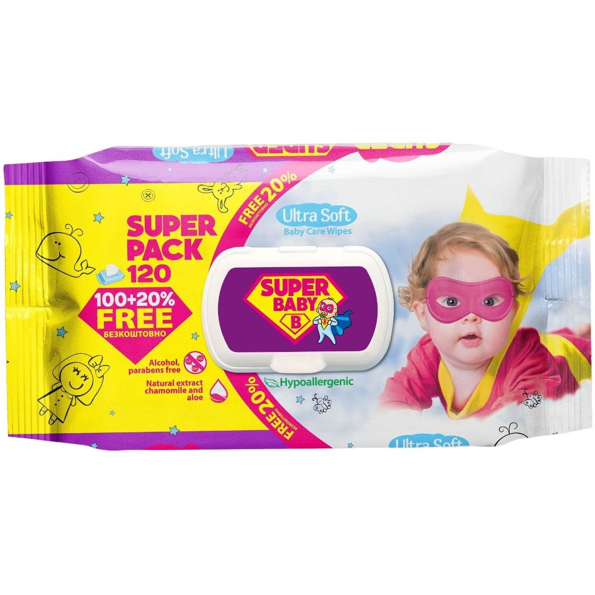 Влажные салфетки Super Baby SuperPack Sensetive, ромашка и алоэ, 120 шт. - фото 1