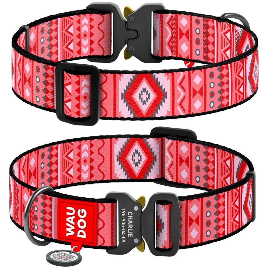 Ошейник для собак Waudog Nylon Этно красный, с QR паспортом, металлическая пряжка-фастекс, XXL, 43-70х3,5 см - фото 3