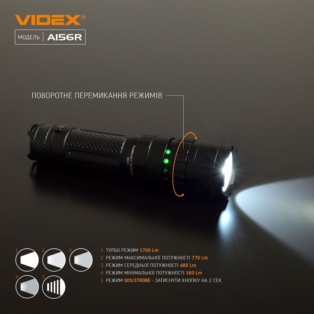 Портативний світлодіодний ліхтарик Videx VLF-A156R 1700 Lm 6500 K (VLF-A156R) - фото 4