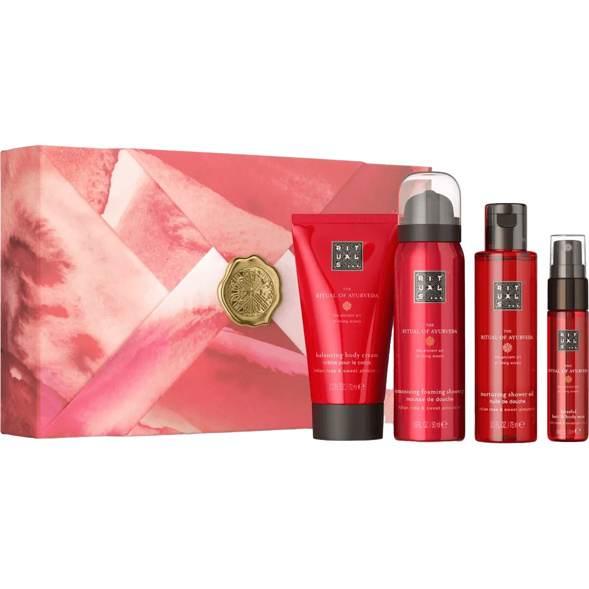 Подарунковий набір Rituals The Ritual of Ayurveda Gift Set S: гель-піна для душу Foaming Shower Gel 50 мл + олія для тіла Rich Body Oil 30 мл + спрей для волосся і тіла Hair & Body Mist 20 мл + крем для тіла Body Cream 70 мл - фото 1