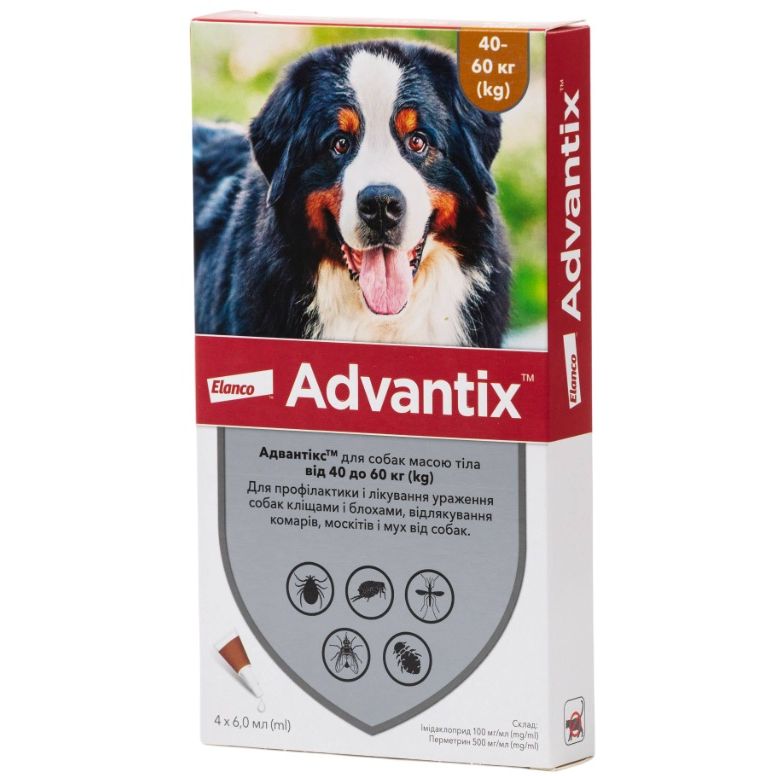 Капли Bayer Адвантикс от блох и клещей, для собак от 40 до 60 кг, 4 пипетки - фото 1