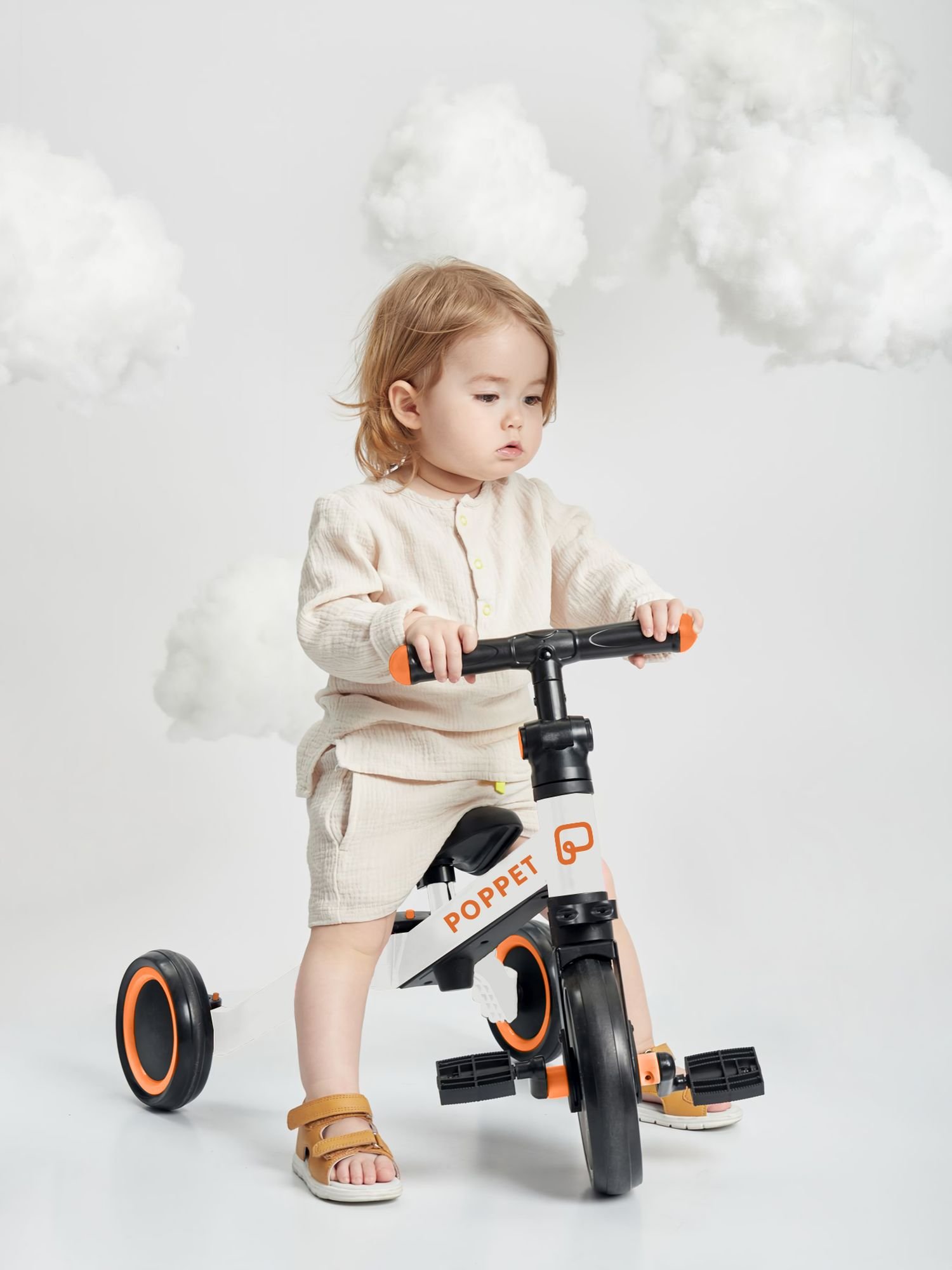 Детский трехколесный беговел-трансформер Poppet 3в1, бело-оранжевый + стикерпак (PP-1704W) - фото 6