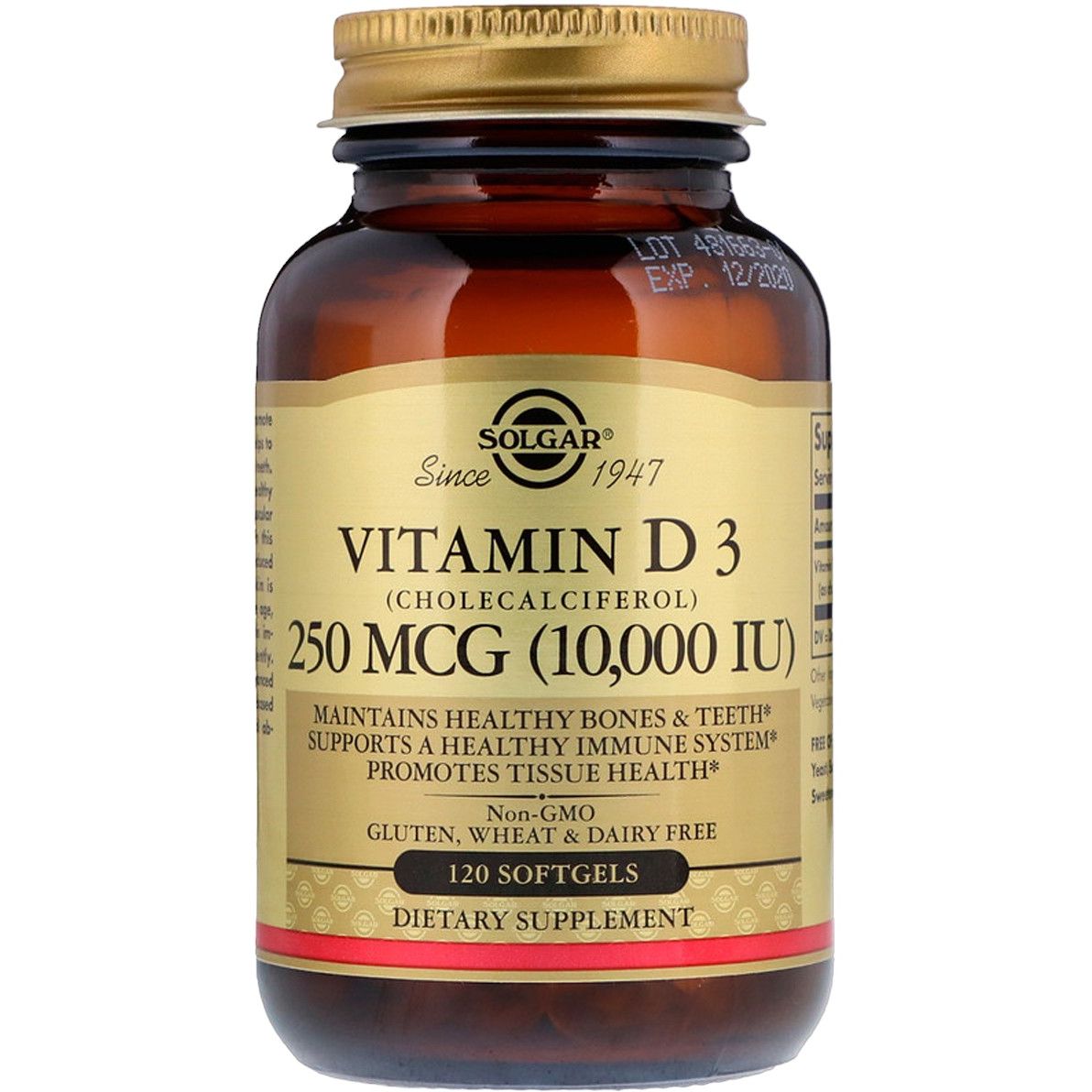 Витамин D3 Solgar Vitamin D3 (Cholecalciferol) 250 мкг 10.000 МЕ 120 гелевых капсул - фото 1