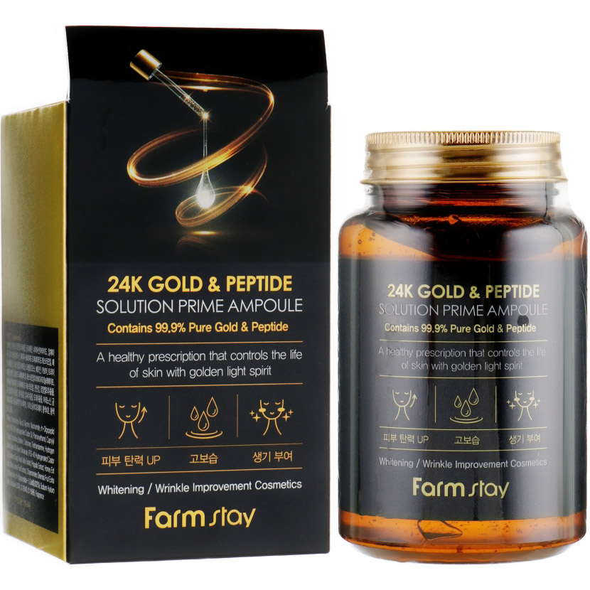 Ампульная сыворотка для лица FarmStay 24K Gold&Peptide Solution Prime Ampoule с золотом и пептидами 250 мл - фото 2