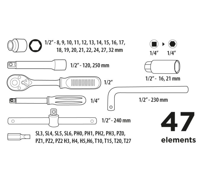 Набор торцевых головок Top Tools 1/2", 1/4" 47 шт. (38D550) - фото 2