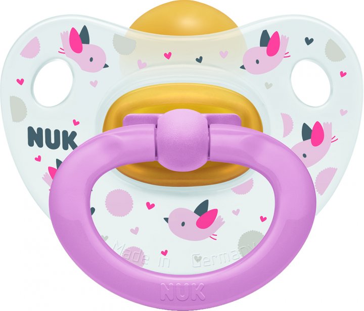 Пустышка латексная Nuk Happy Kids Птички, 0-6 мес., белый с розовым (3952325) - фото 1