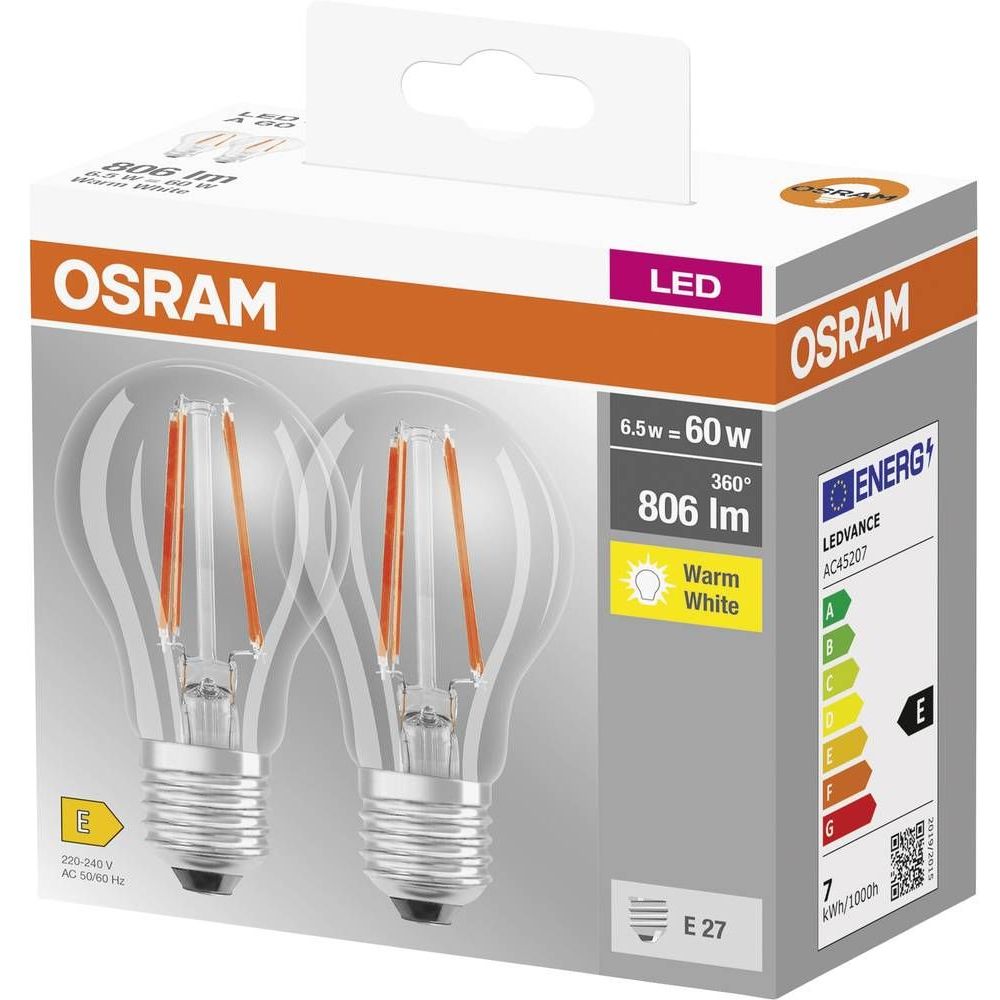 Светодиодная лампа Osram LED Filament LED E27 6.5W 2700К 2 шт. (4099854064098) - фото 2