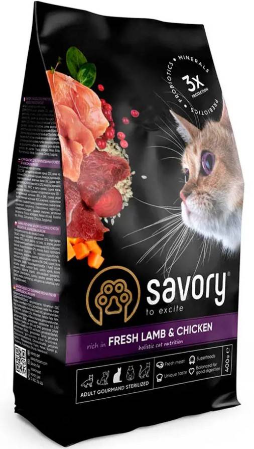 Сухий корм для стерилізованих котів Savory Adult Cat Steril Fresh Lamb & Chicken, зі свіжим м’ясом ягняти та курки, 0,4 кг - фото 1
