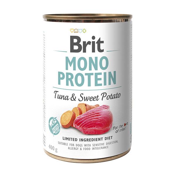 Монопротеїновий вологий корм для собак з чутливим травленням Brit Mono Protein Tuna&Sweet Potato, з тунцем і бататом, 400 г - фото 1