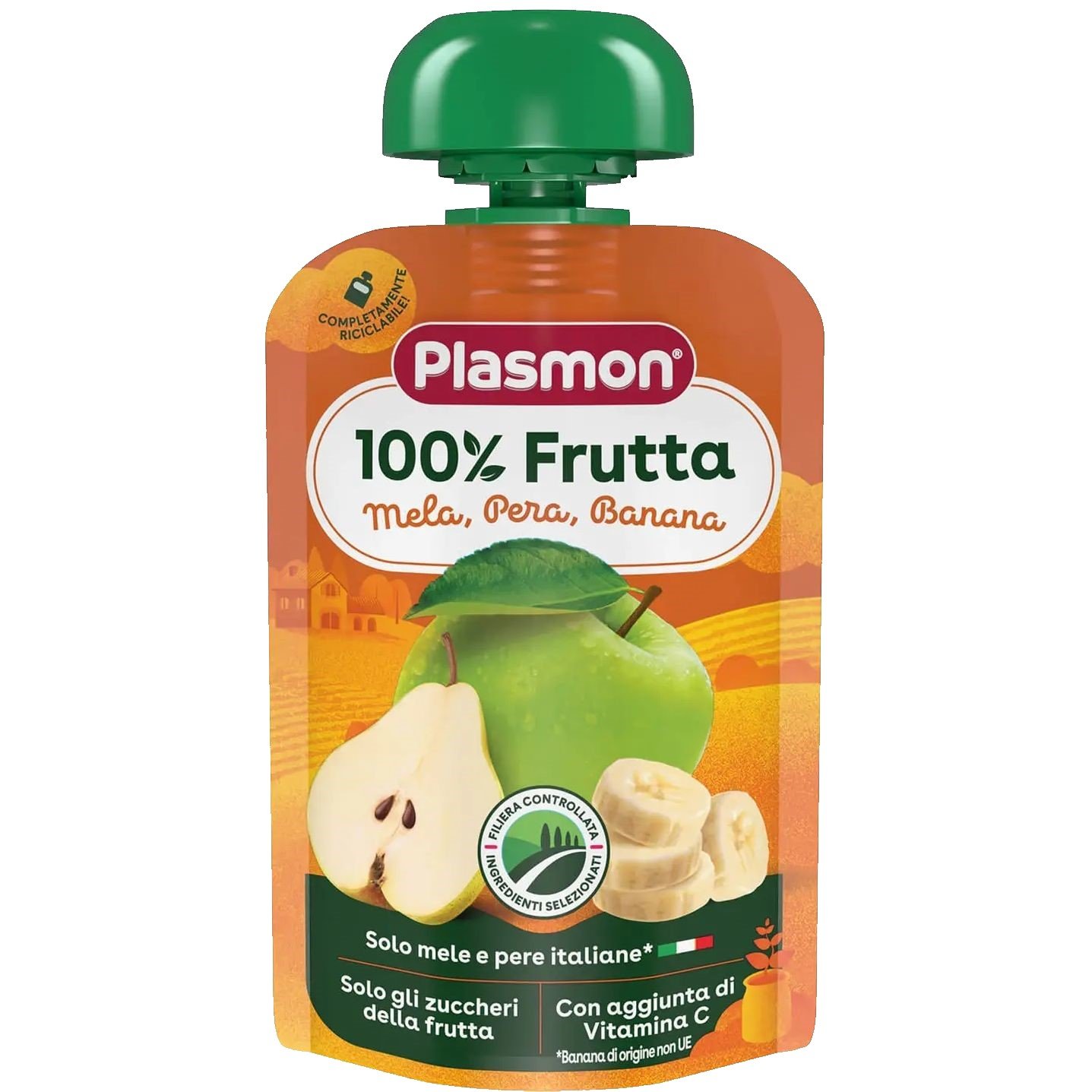 Фото - Детское питание Пюре Plasmon Merenda 100 Frutta Яблуко, груша та банан з вітамінами, 100 г