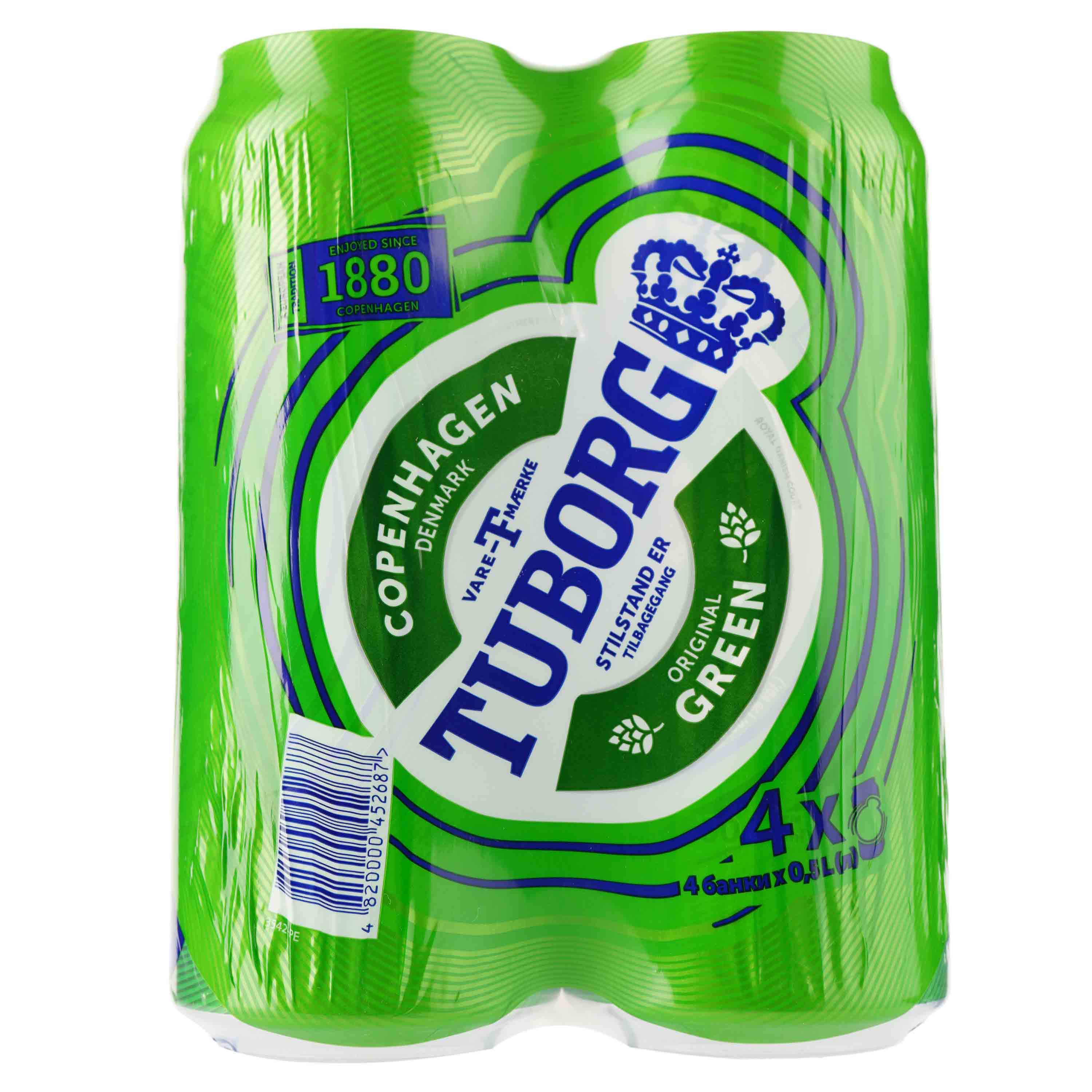 Пиво Tuborg Green, светлое, 4,6%, ж/б, 2 л (4 шт. по 0,5 л) (224869) - фото 1