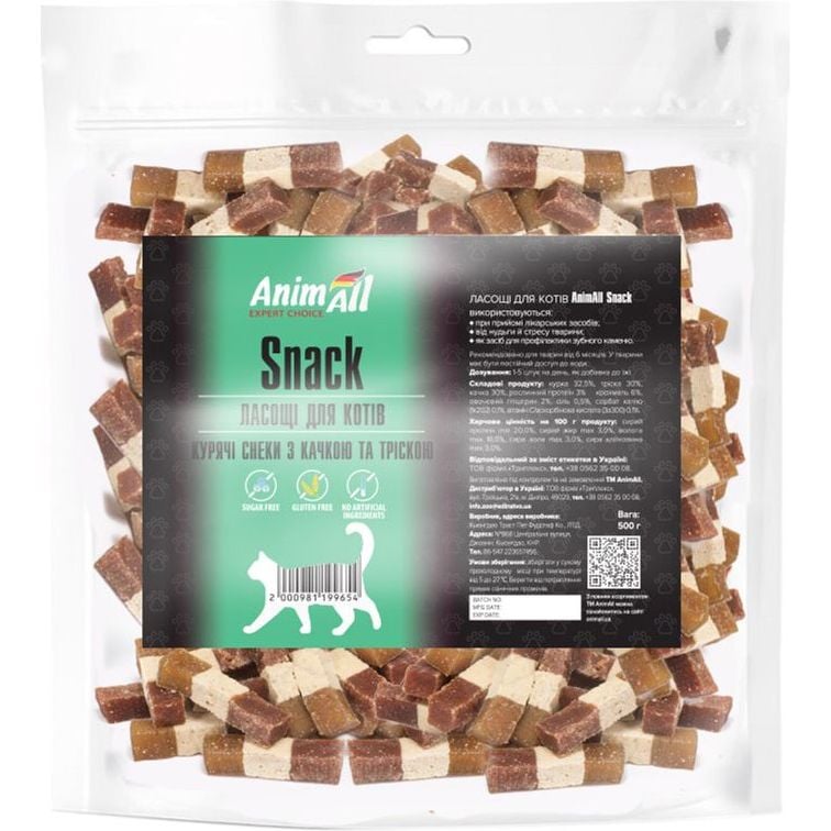 Лакомство для кошек AnimAll Snack куриные снеки с уткой и треской, 500 г - фото 1