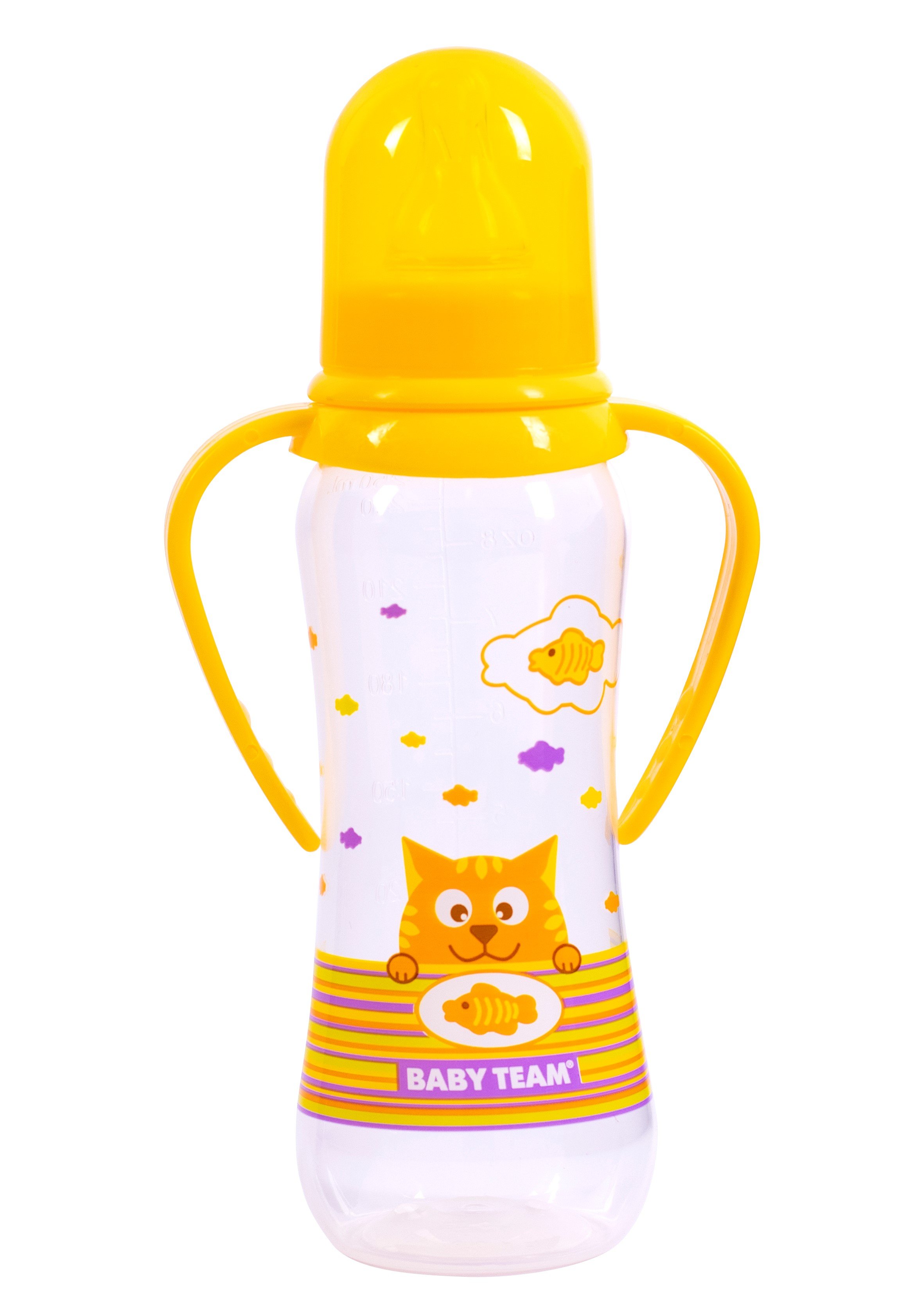 Бутылочка для кормления Baby Team, с ручками и силиконовой соской, 250 мл, желтый (1411_желтый) - фото 1