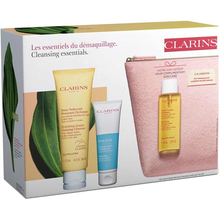 Подарунковий набір Clarins Cleansing Gift Set: пінка для нормальної та сухої шкіри, 125 мл + крем-скраб для обличчя, 50 мл + лосьйон-тонік для обличчя, 50 мл + косметичка - фото 1