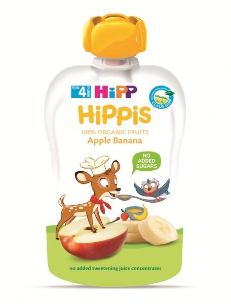 Набір органічних фруктових пюре HiPP HiPPiS Pouch Яблуко-банан, 600 г (6 упаковок по 100 г) - фото 1