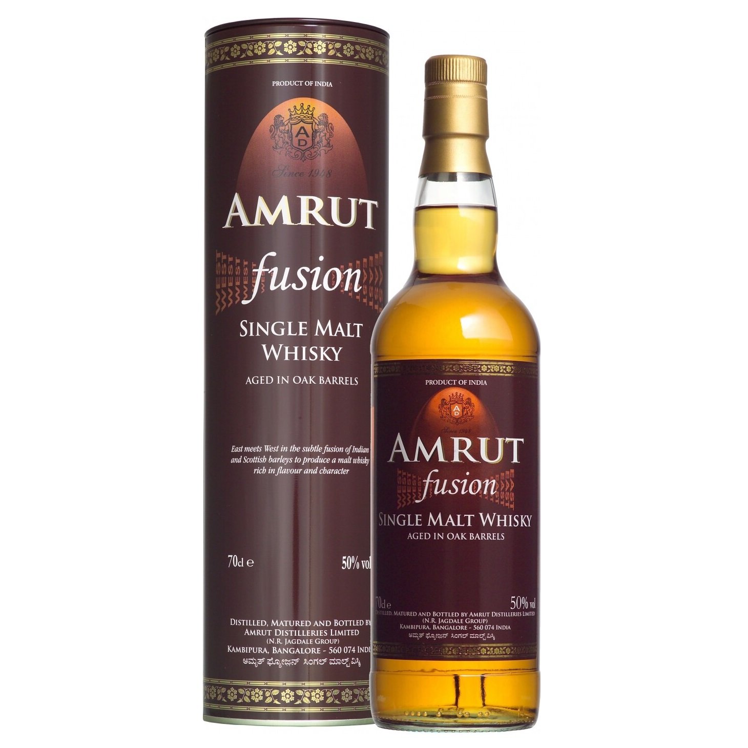 Виски Amrut Fusion Single Malt Indian Whiskey 50% 0.7 л в тубусе - фото 1