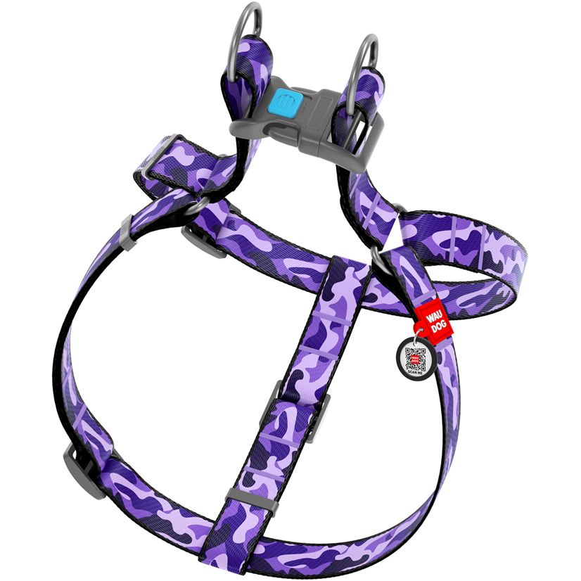 Шлея для собак Waudog Nylon Фиолетовый камо, анатомическая, с QR паспортом, 40-55х1,5 см, фиолетовая (5001) - фото 2