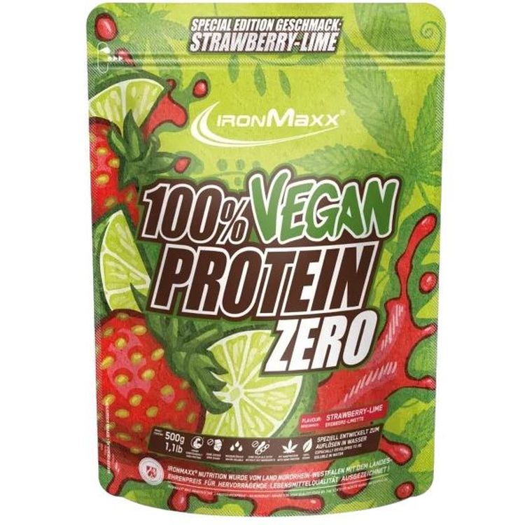 Протеин IronMaxx 100 % Vegan Protein Zero Клубника-лайм 500 г - фото 1