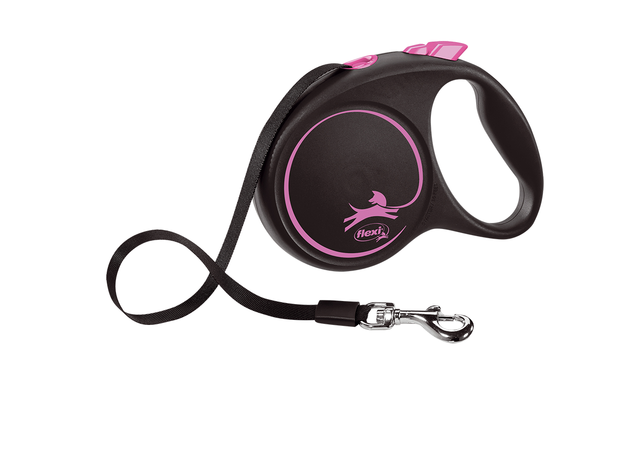 Повідець-рулетка Flexi Black Design M, стрічка 5 м, для собак до 25 кг, чорний з рожевим (FU22T5.251.S CP) - фото 1