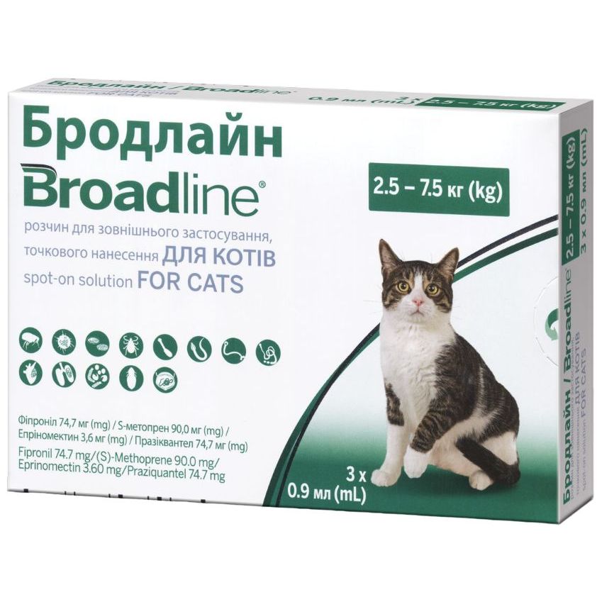 Краплі Boehringer Ingelheim Broadline від бліх та кліщів для котів 2.5-7.5 кг 2.7 мл (3 шт. х 0.9 мл) (159884) - фото 1