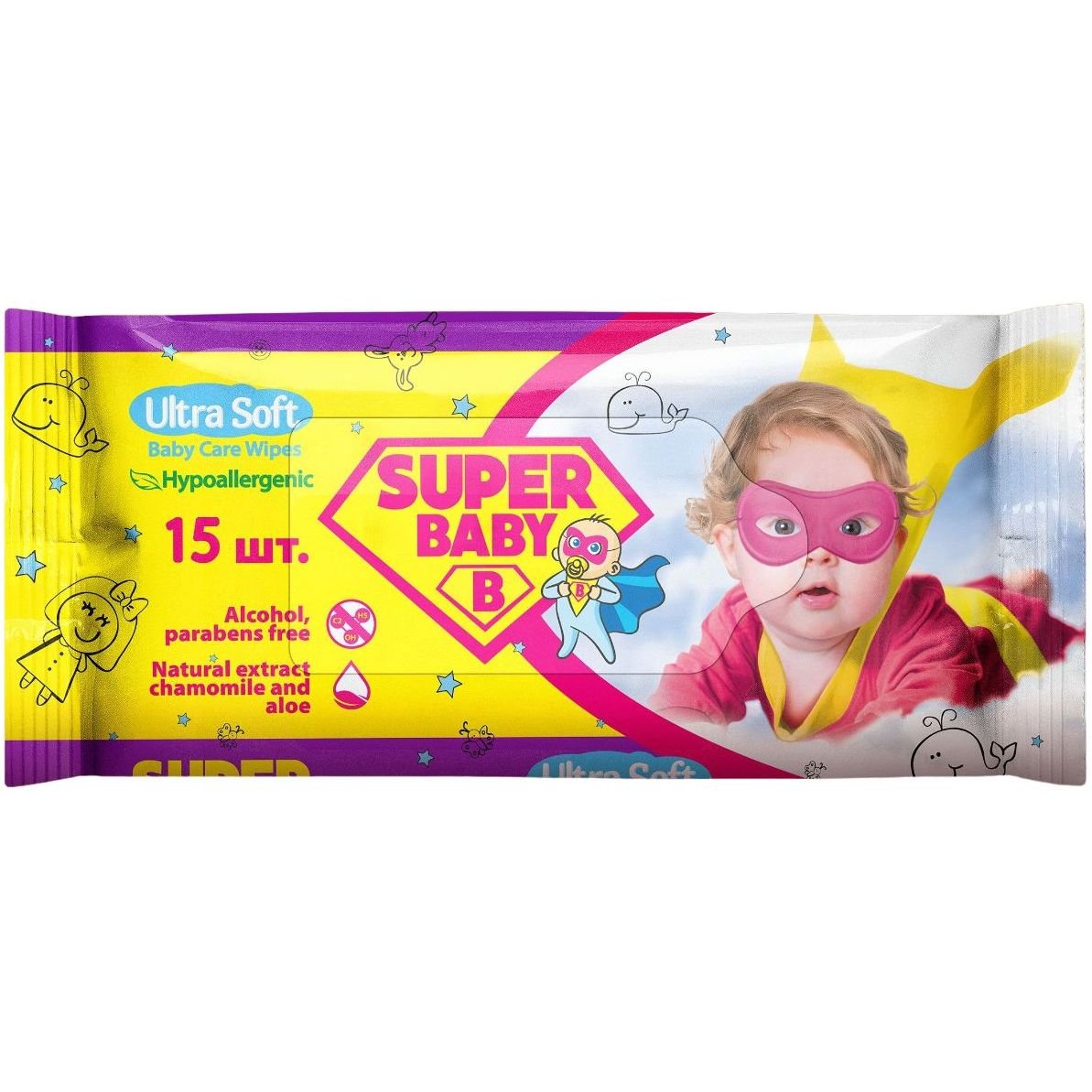 Вологі серветки Super Baby SuperPack Sensetive, ромашка та алоє, 15 шт. - фото 1