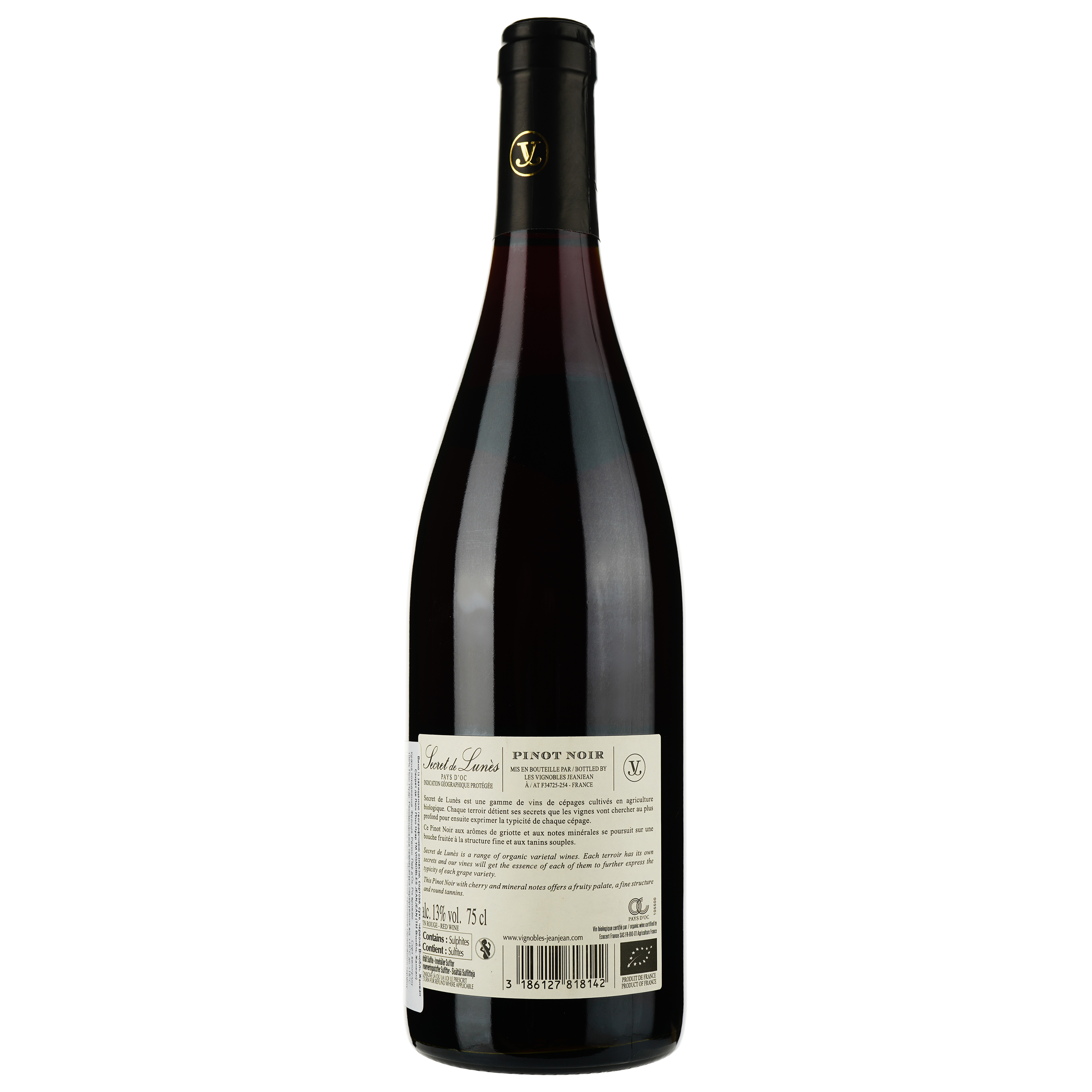 Вино Vignobles Jeanjean Vin De Pays D'oc Secret de Lunes Pinot Noir Bio 2022 красное сухое 0.75 л - фото 2