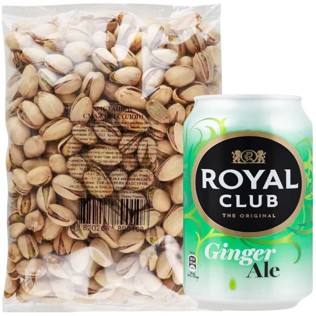Набор: фисташки жареные соленые 500 г + напиток Royal Club Ginger Ale безалкогольный 330 мл - фото 1