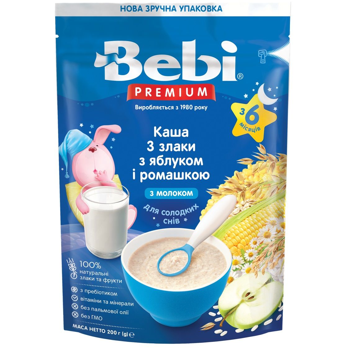 Молочная каша Bebi Premium 3 злака с яблоком и ромашкой 200 г (1105086) - фото 1