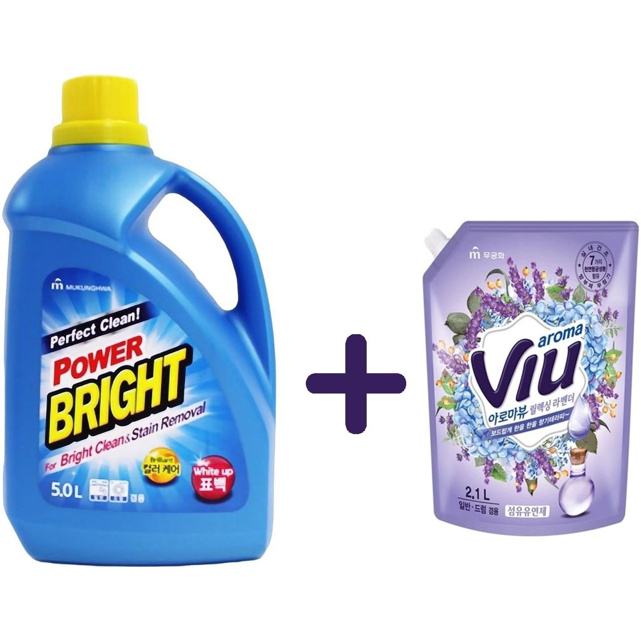 Набір: Засіб для прання Mukunghwa Perfect Clean Power Bright Liquid Detergent 5 л + Ополіскувач для білизни Mukunghwa Viu Лаванда 2.1 л - фото 1