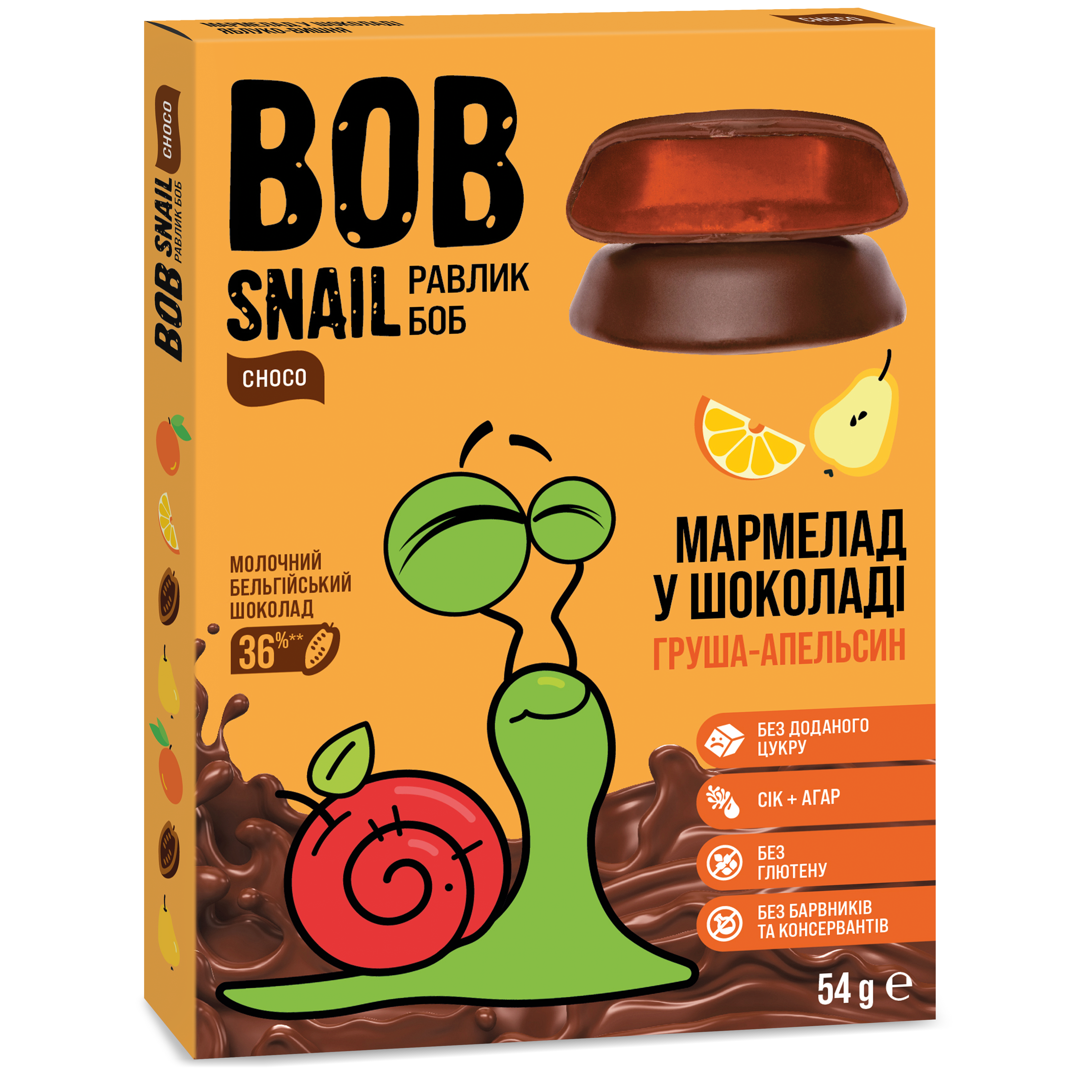 Фруктовий мармелад Bob Snail Груша-Апельсин в бельгійському молочному шоколаді 54 г - фото 1