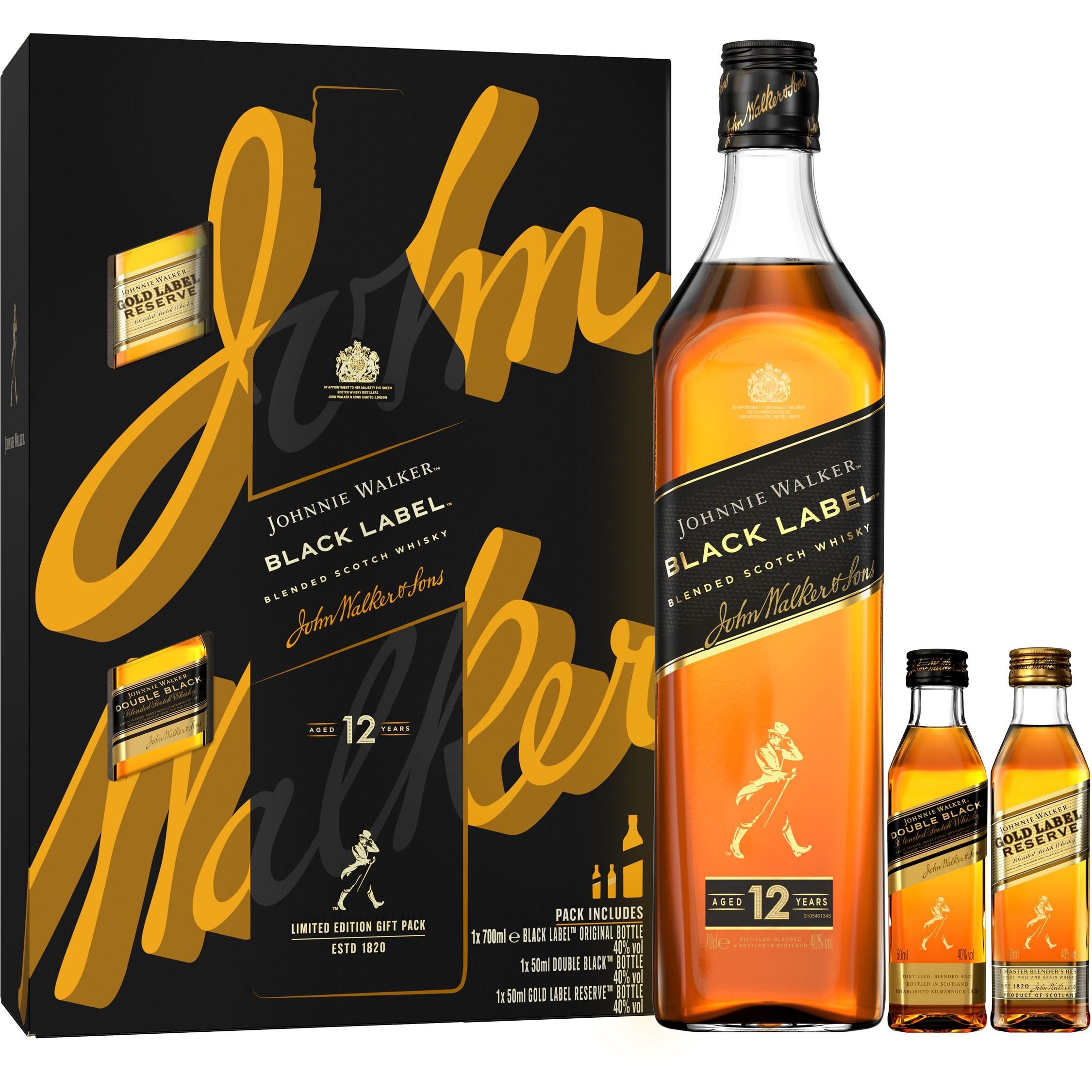 Набор виски Johnnie Walker Black Label Blended Scotch Whisky 40% 0.7 л + Double Black 40% 0.05 л + Gold Reserve 40% 0.05 л - фото 1