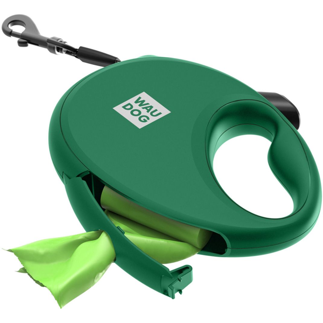 Поводок-рулетка для собак Waudog R-leash с контейнером для пакетов, светоотражающая лента, М до 20 кг, 5 м зеленый - фото 1