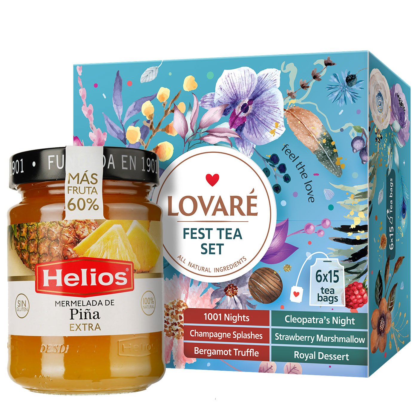 Набор: Чай ассорти Lovare Fest Tea Set 180 г (90 шт. х 2 г) + Джем Helios из ананасов 340 г - фото 1