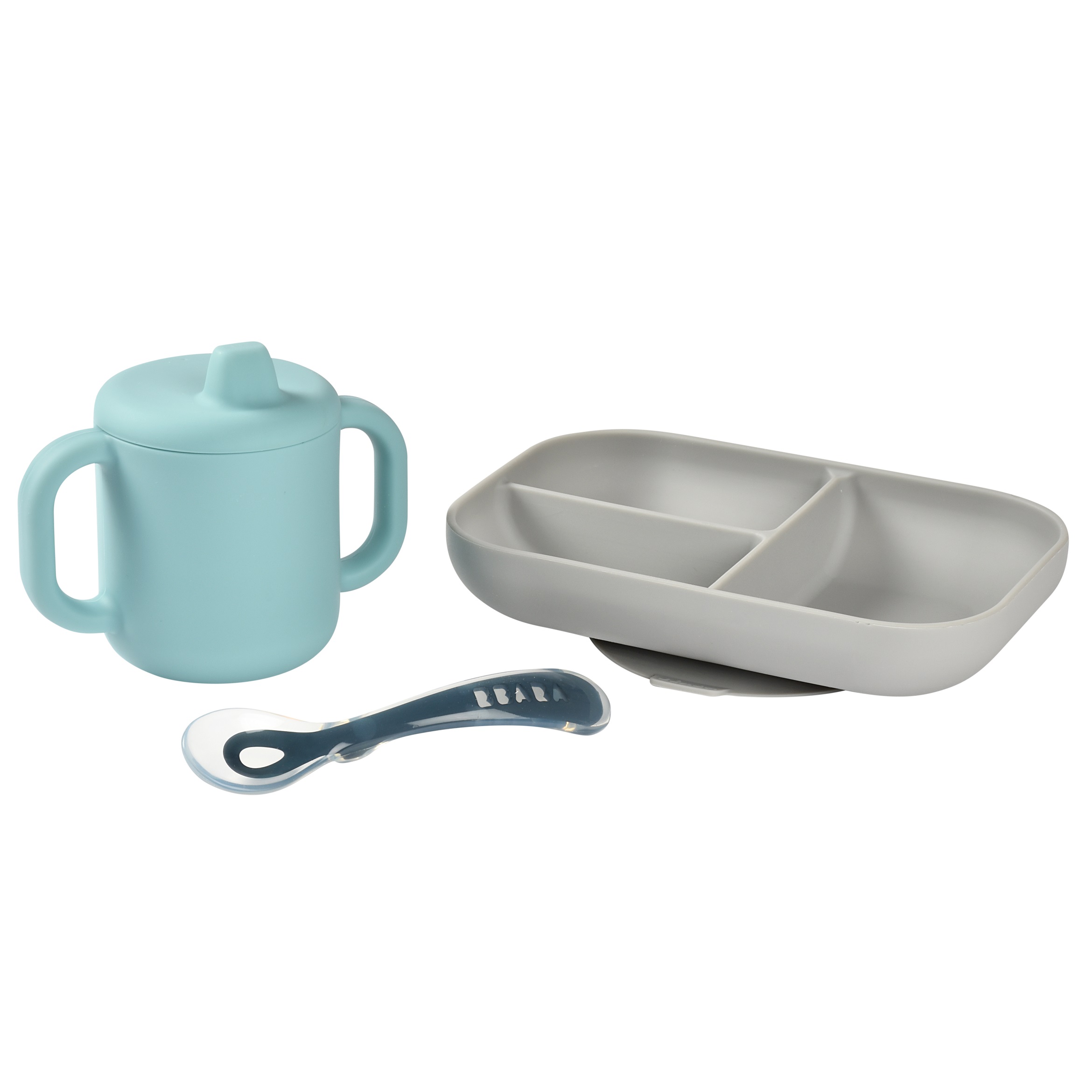 Набір посуду Beaba, силікон, 3 предмета, блакитний з сірим (913526) - фото 1