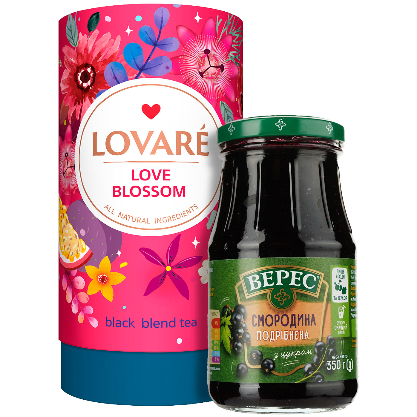 Набір: Чай чорний Lovare Love Blossom 80 г + Джем Верес Чорна смородина з цукром 350 г - фото 1