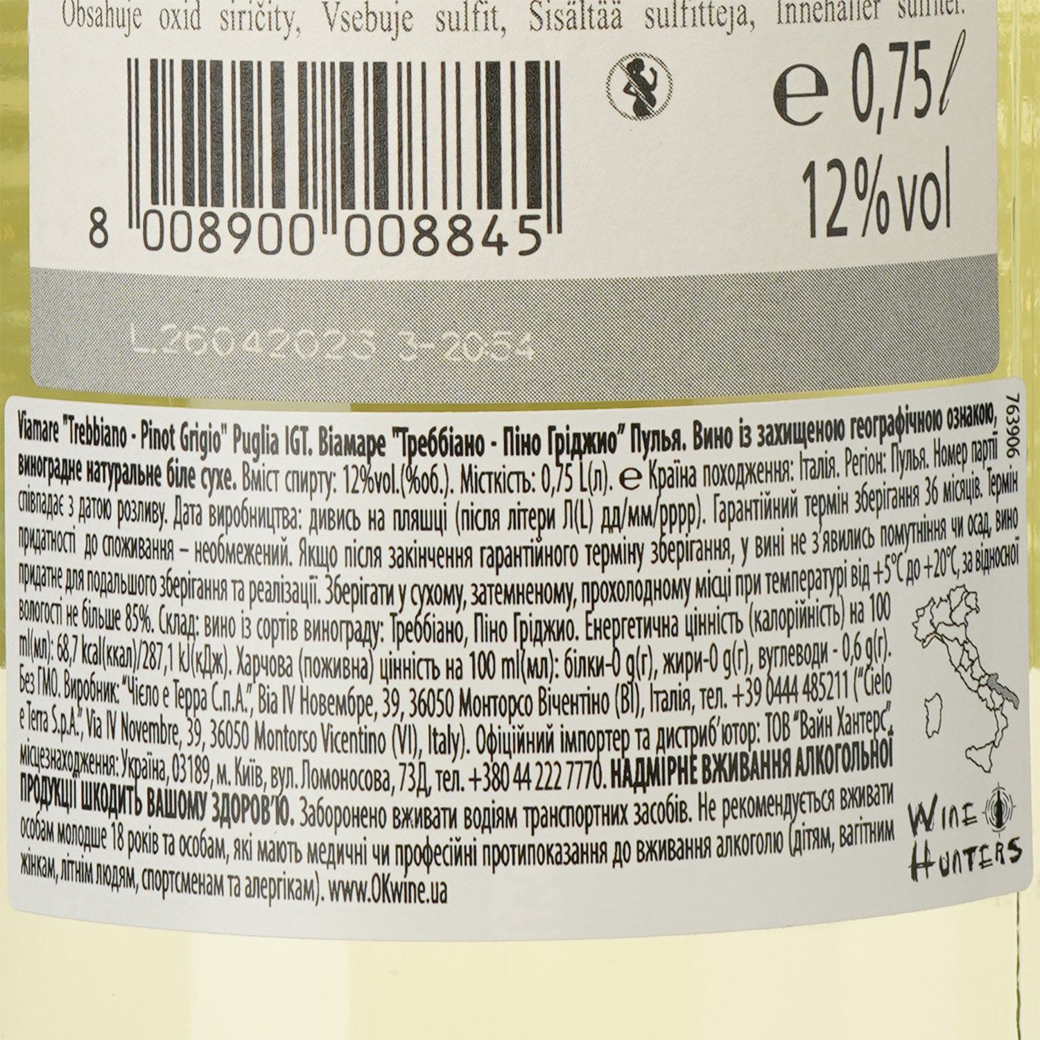 Вино Cielo e Terra Viamare Trebbiano-Pinot Grigio Puglia IGT, белое, сухое, 12%, 0,75 л - фото 3