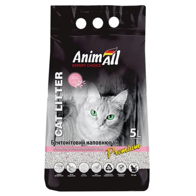 Бентонітовий наповнювач для котячого туалету AnimAll, з ароматом дитячої пудри, 5 л, білий - фото 1