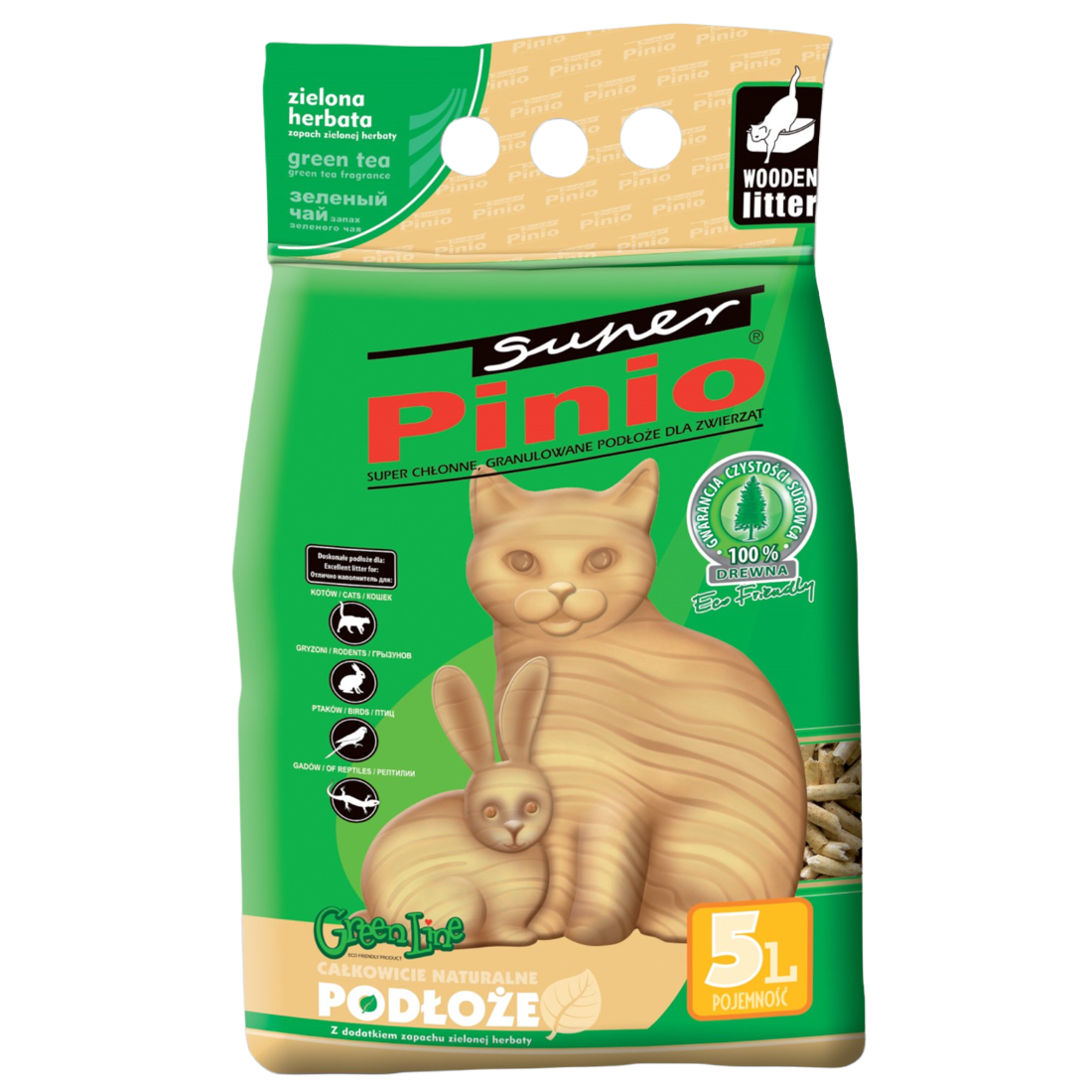 Древесный наполнитель для кошачьего туалета Super Pinio, с ароматом зеленого чая, 5 л - фото 1