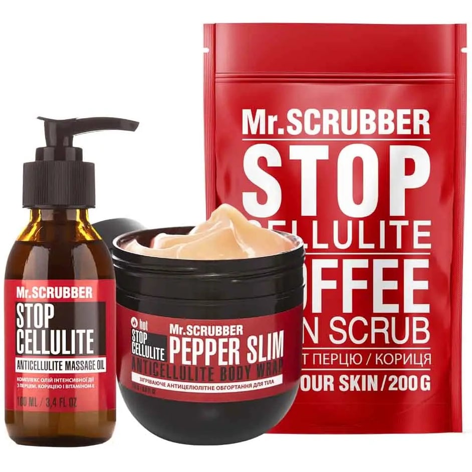 Антицелюлітний набір Mr.Scrubber Hot Схуднути до літа разом: Масажна олія, 100 мл + Зігрівальне обгортання, 250 г + Скраб для тіла, 200 г - фото 2
