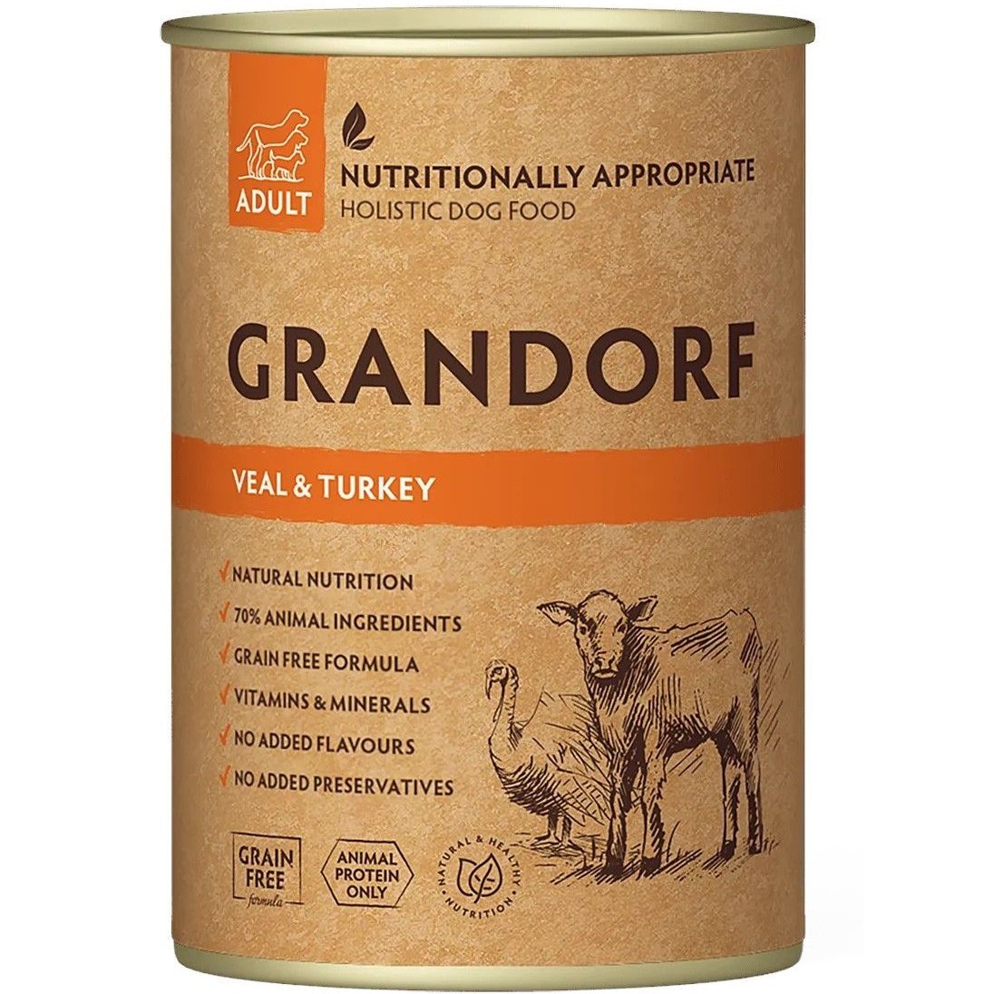 Вологий корм для дорослих собак Grandorf Veal & Turkey Adult телятина з індичкою 400 г - фото 1