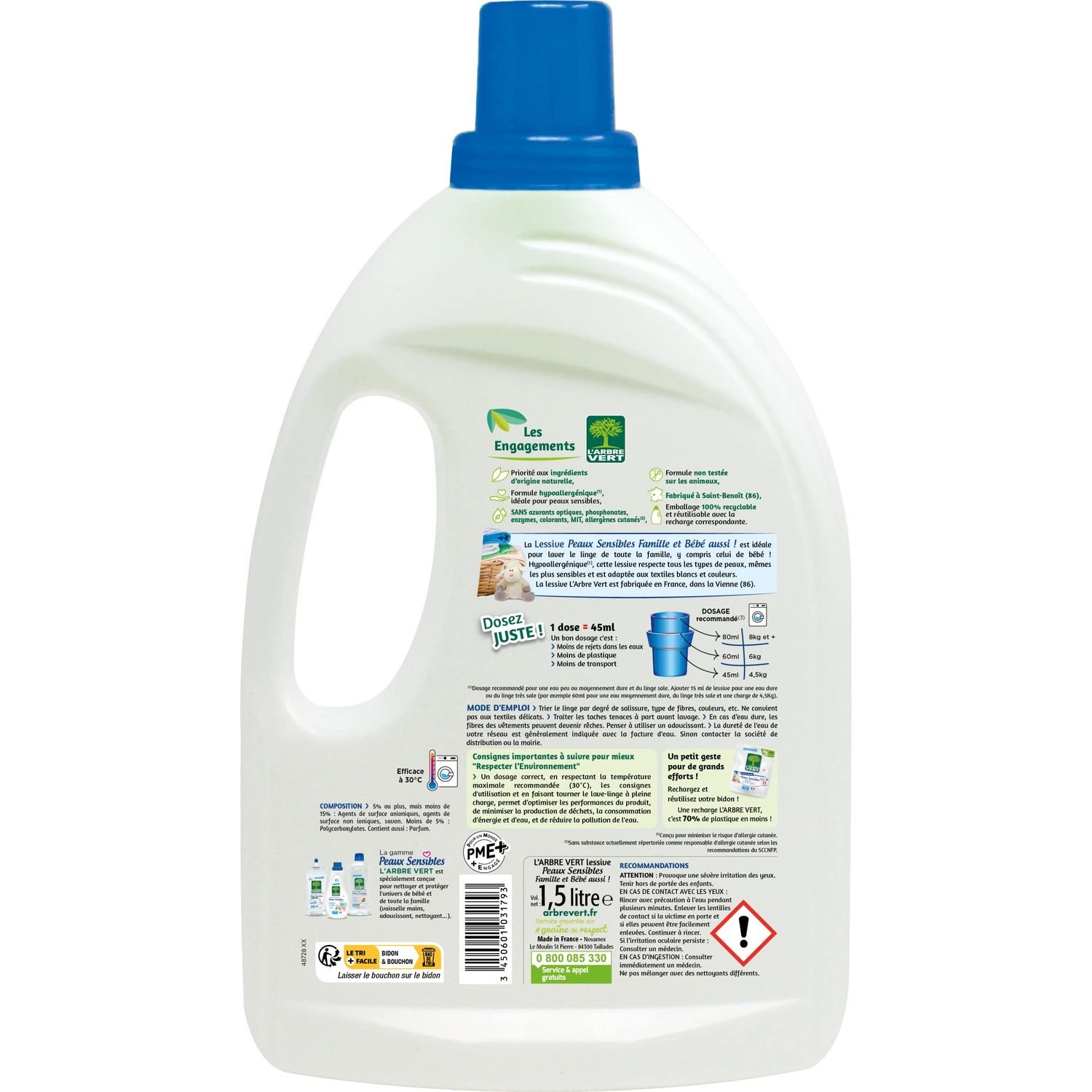 Lessive liquide peaux sensibles hypoallergenique recharge, l'Arbre Vert  (1.53 l)