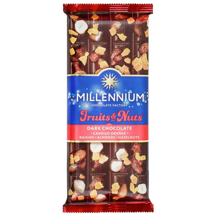 Шоколад черный Millennium Fruits&Nuts с миндалем, целыми лесными орехами, апельсиновыми цукатами и изюмом, 90 г (856196) - фото 1