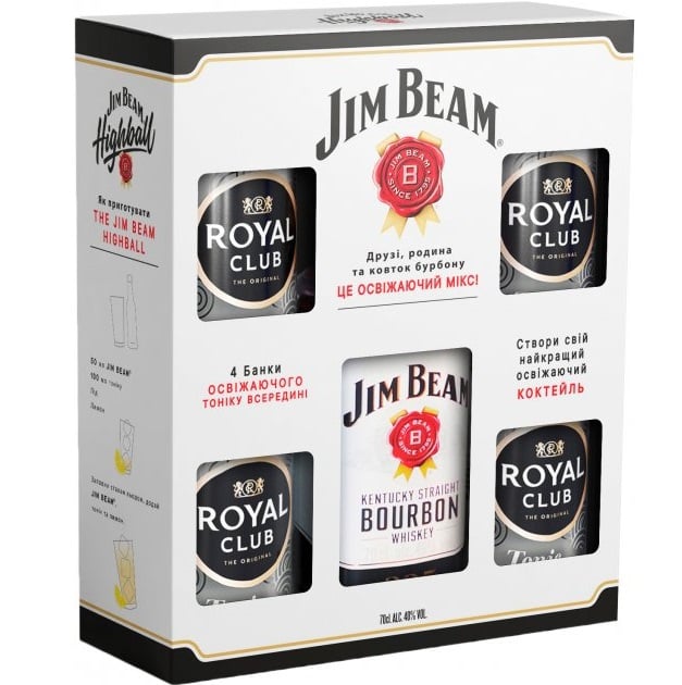 Віскі Jim Beam White Kentucky Staright Bourbon Whiskey, 40%, 0,7 л + 4 шт. Royal Club Tonic 0,33 л - фото 1