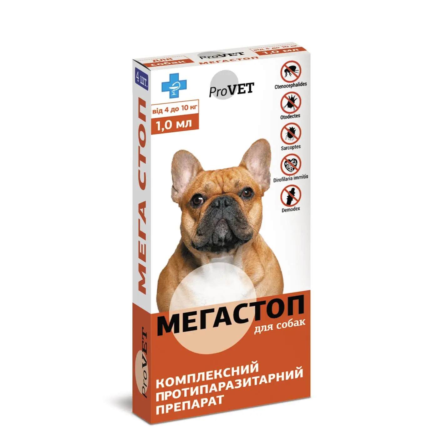 Капли на холку для собак ProVET Мега Стоп, от внешних и внутренних паразитов, от 4 до 10 кг, 4 пипетки по 1 мл (PR020076) - фото 1