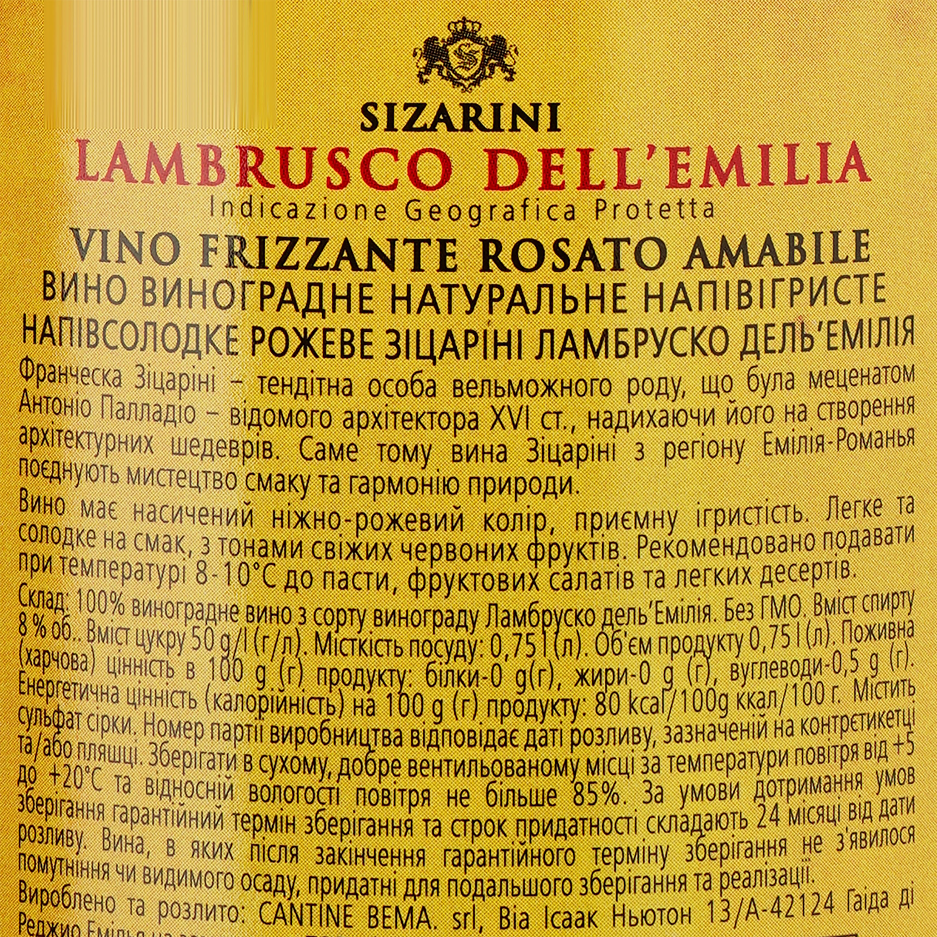Вино Sizarini Lambrusco игристое, розовое, полусладкое, 8%, 0,75 л (478691) - фото 3