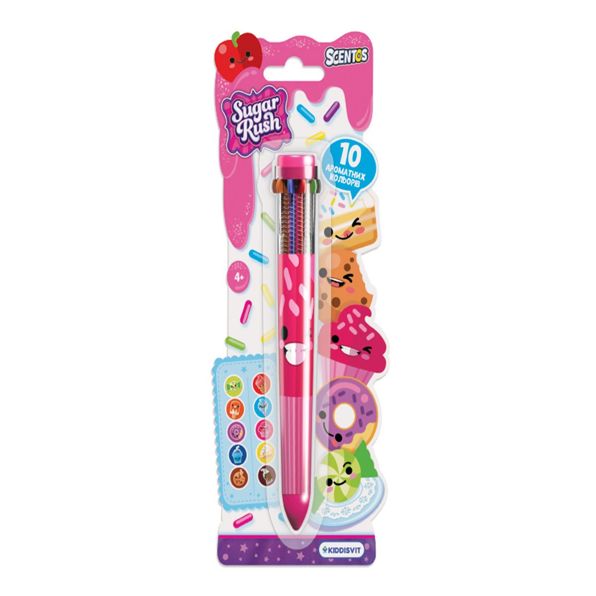 Многоцветная ароматная шариковая ручка Scentos Sugar Rush Феерическое настроение, 10 цветов, розовый корпус (31021) - фото 1