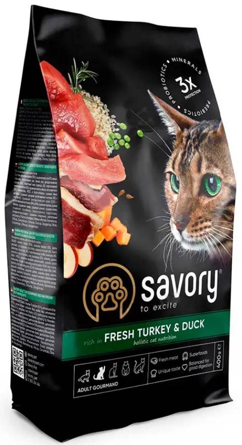 Сухий корм для дорослих котів Savory Adult Cat Gourmand Fresh Turkey & Duck, з качкою та індичкою, 0,4 кг - фото 1