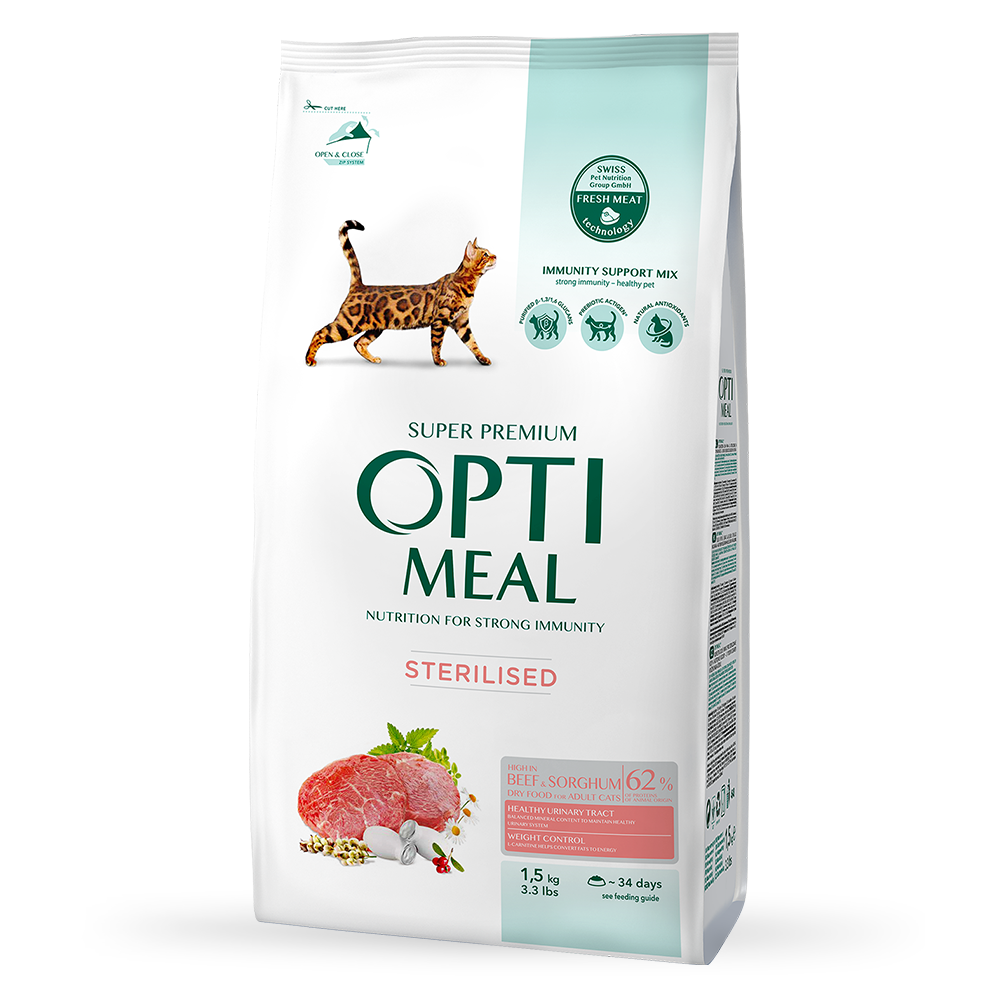 Повнораціонний сухий корм для стерилізованих кішок та кастрованих котів Optimeal з високим вмістом яловичини та сорго, 1,5 кг (B1801401) - фото 1