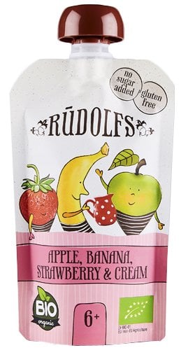 Пюре Rudolfs Pouch Смузи яблоко-банан-клубника со сливками, 110 г, 6 шт. - фото 1